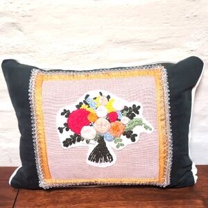 Floral Embroidered Pillow with Green Velvet Background Handmade Recycled